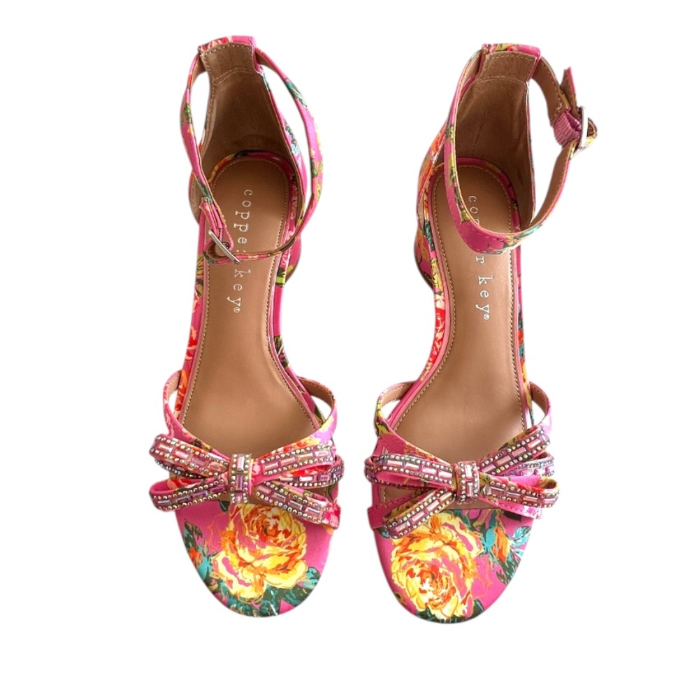 Copper Key Prance Floral Satin Rhinestone Bow Sandals Pink Multi Size 7M
